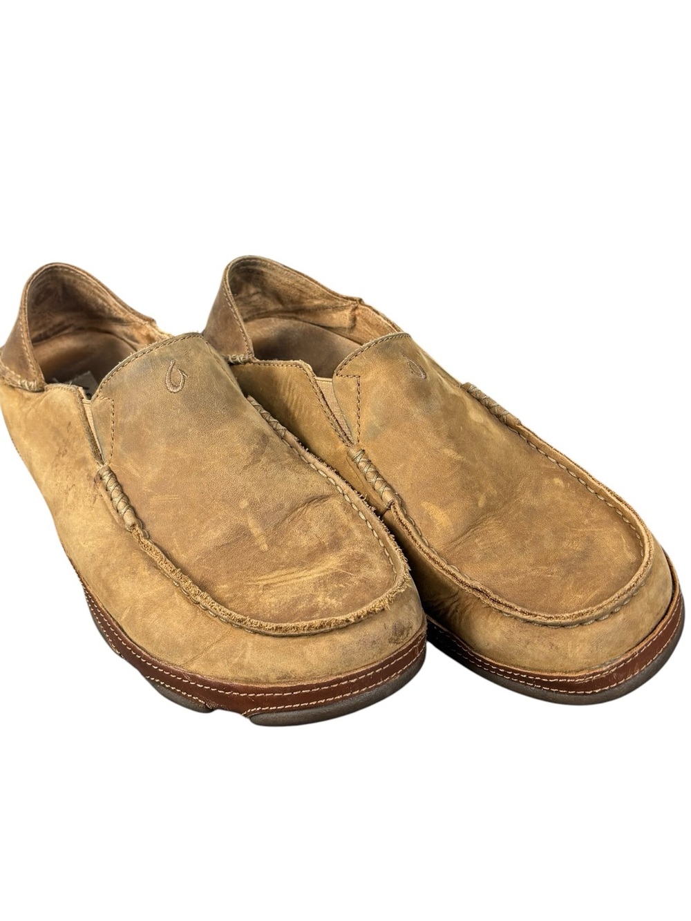 OluKai Moloa Mens 10 Leather Slip On Shoes Toffee Loafers Moccasin 10128-2733